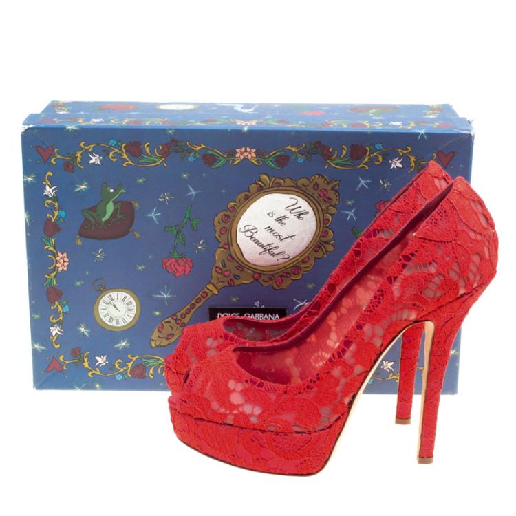 Pre Owned Dolce and Gabbana Red Lace Peep Toe Platform Pumps Size 40.5