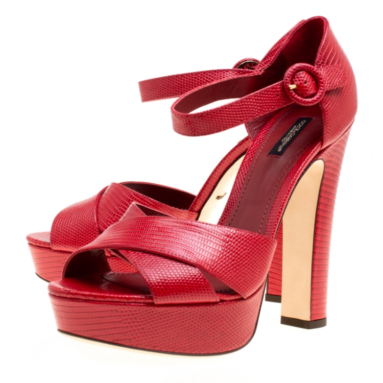 Pre Owned Dolce and Gabbana Red Embossed Lizard Leather Cross Strap Platform Sandals Size 41