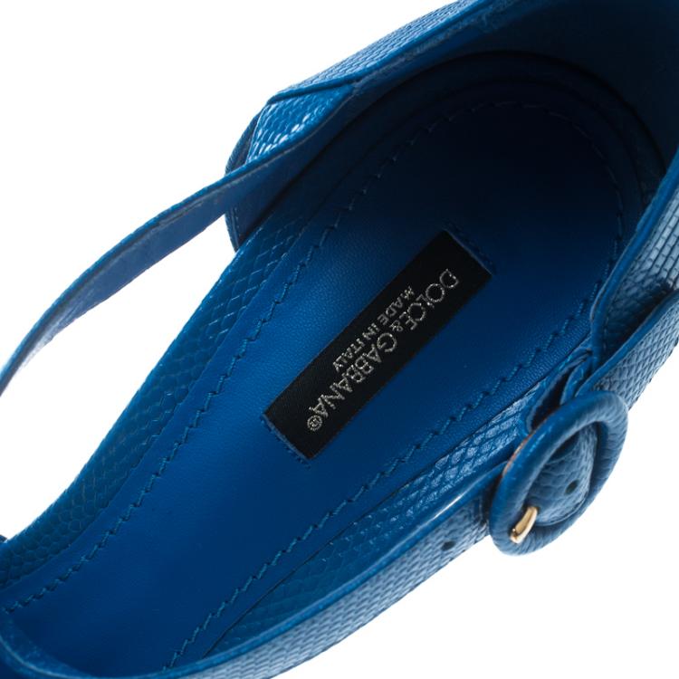 Pre Owned Dolce and Gabbana Blue Embossed Lizard Leather Cross Strap Platform Sandals Size 41