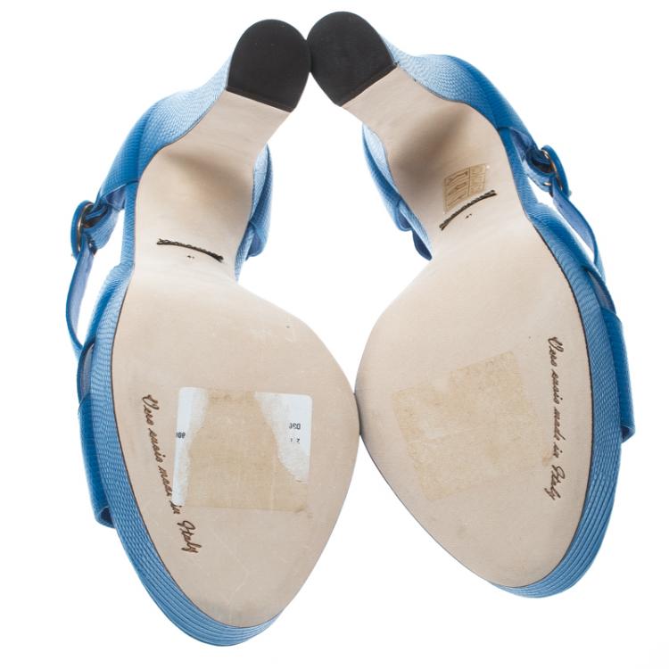 Pre Owned Dolce and Gabbana Blue Embossed Lizard Leather Cross Strap Platform Sandals Size 41