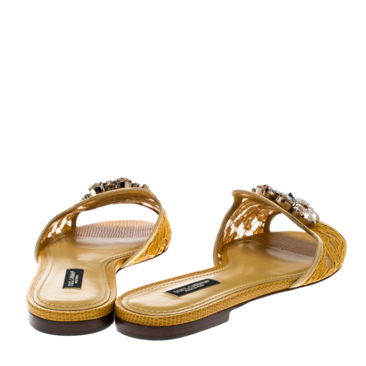 Pre Owned Dolce and Gabbana Yellow Lace Sofia Crystal Embellished Slides Size 37