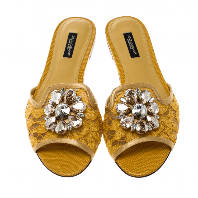 Pre Owned Dolce and Gabbana Yellow Lace Sofia Crystal Embellished Slides Size 37