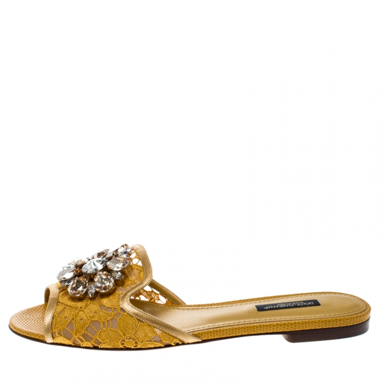 Pre Owned Dolce and Gabbana Yellow Lace Sofia Crystal Embellished Slides Size 37