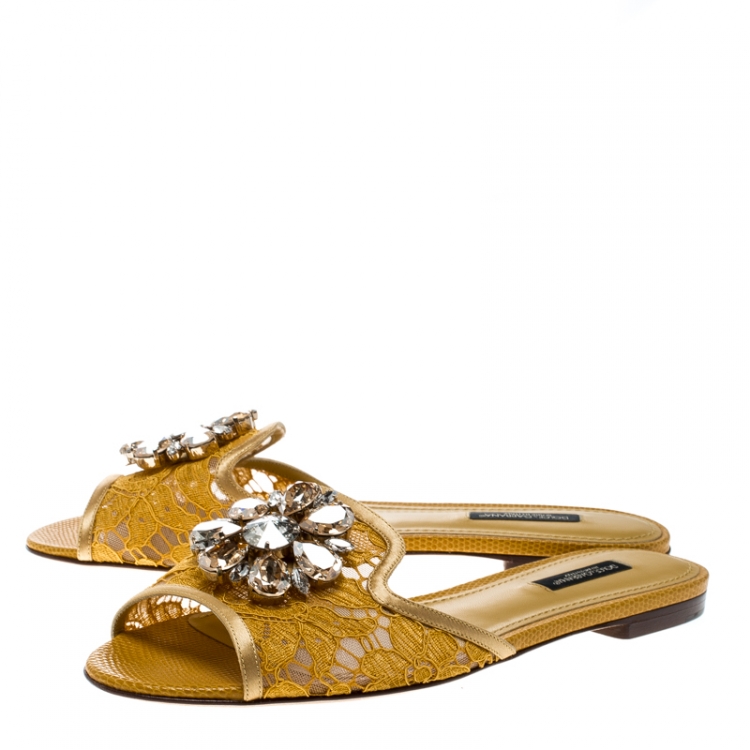 Pre Owned Dolce and Gabbana Yellow Lace Sofia Crystal Embellished Slides Size 37