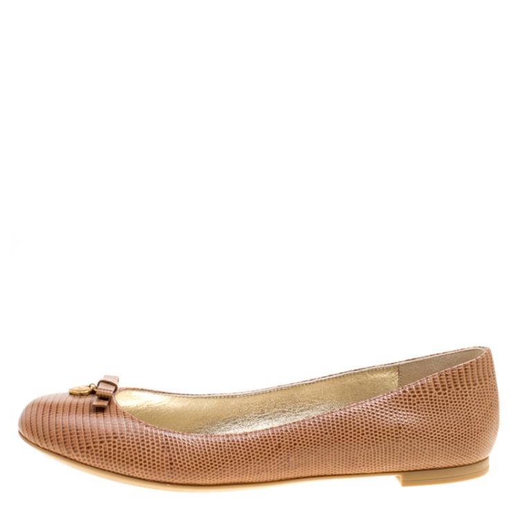 Pre Owned Dolce and Gabbana Brown Embossed Lizard Leather Bow Detail Ballet Flats Size 41