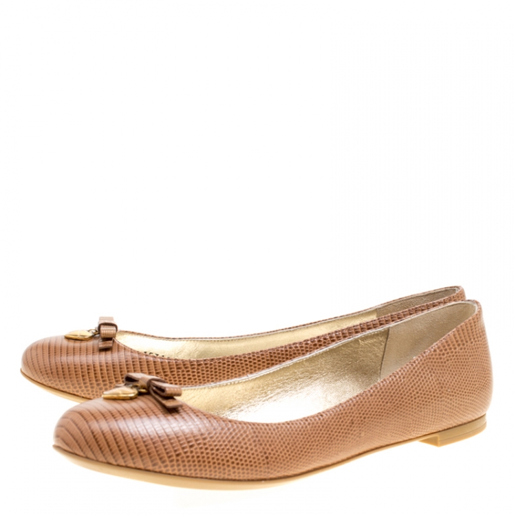 Pre Owned Dolce and Gabbana Brown Embossed Lizard Leather Bow Detail Ballet Flats Size 41