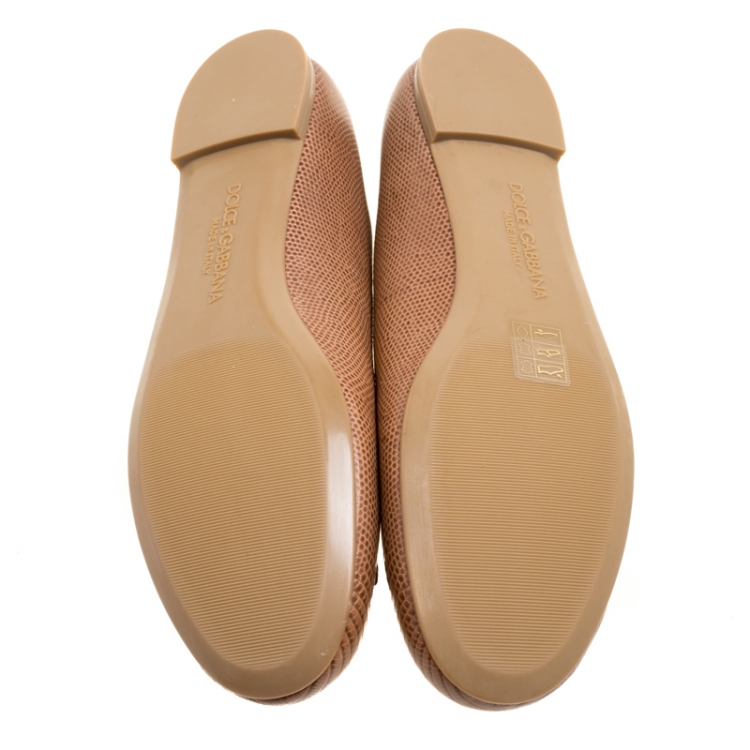Pre Owned Dolce and Gabbana Brown Embossed Lizard Leather Bow Detail Ballet Flats Size 41