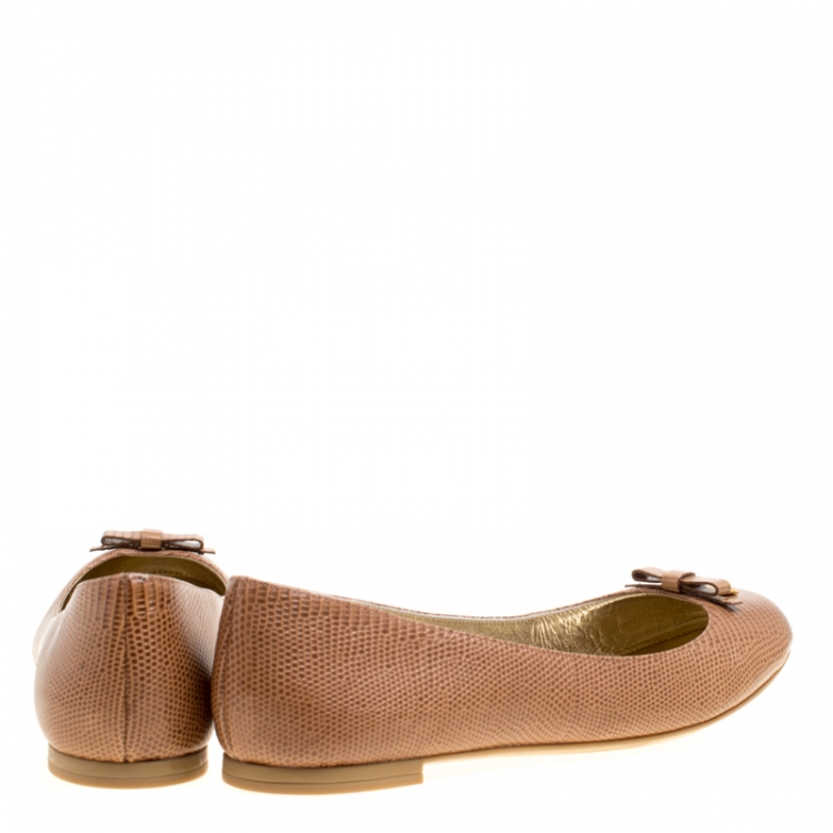 Pre Owned Dolce and Gabbana Brown Embossed Lizard Leather Bow Detail Ballet Flats Size 41