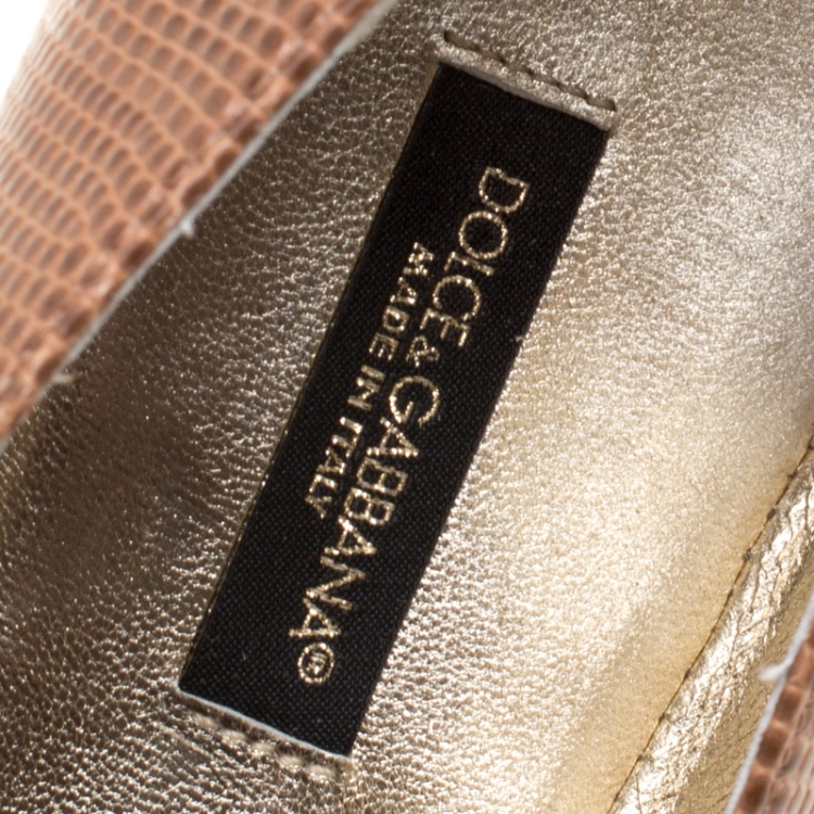Pre Owned Dolce and Gabbana Brown Embossed Lizard Leather Bow Detail Ballet Flats Size 41