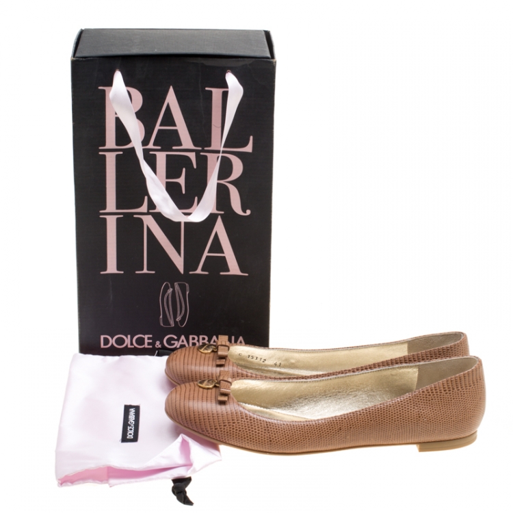 Pre Owned Dolce and Gabbana Brown Embossed Lizard Leather Bow Detail Ballet Flats Size 41
