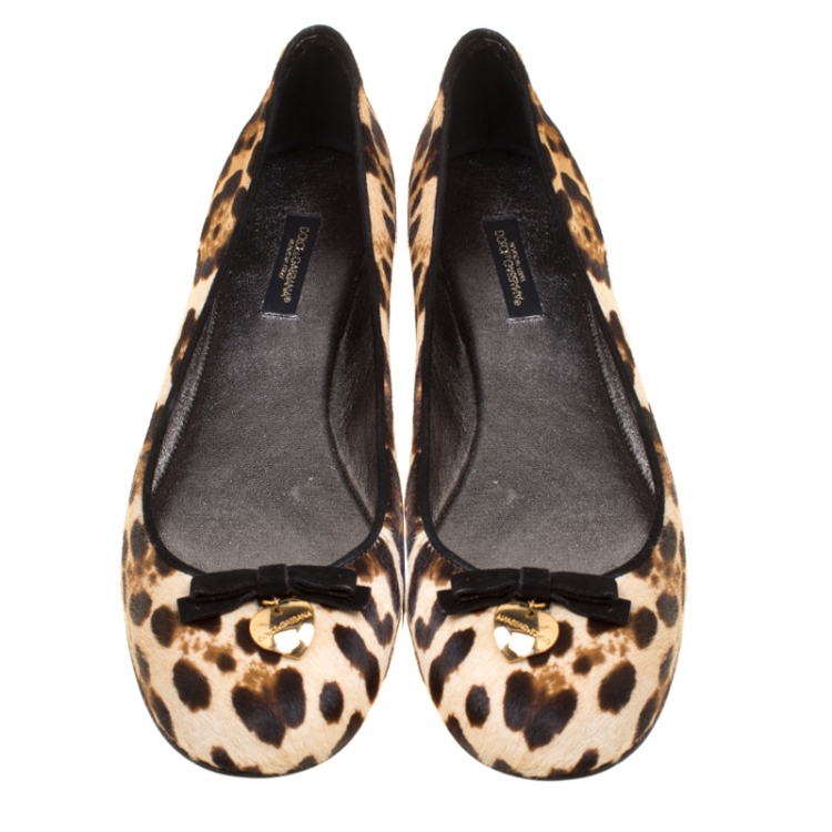 Pre Owned Dolce and Gabbana Leopard Print Pony Hair Bow Detail Ballet Flats Size 40