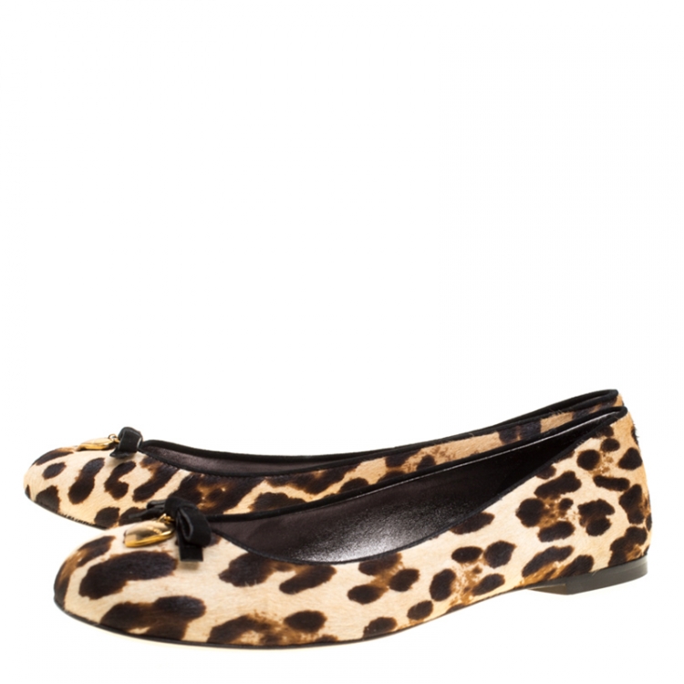 Pre Owned Dolce and Gabbana Leopard Print Pony Hair Bow Detail Ballet Flats Size 40