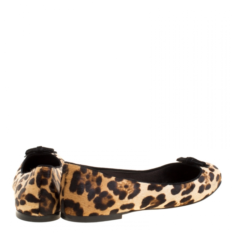 Pre Owned Dolce and Gabbana Leopard Print Pony Hair Bow Detail Ballet Flats Size 40