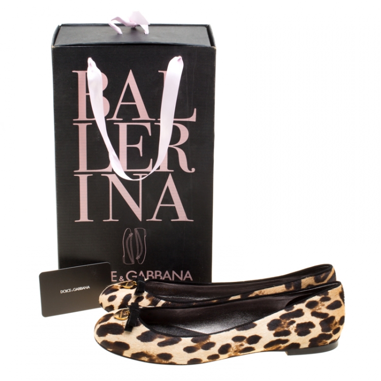 Pre Owned Dolce and Gabbana Leopard Print Pony Hair Bow Detail Ballet Flats Size 40