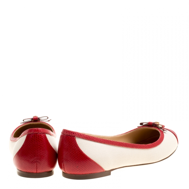 Pre Owned Dolce and Gabbana Beige Canvas And Embossed Lizard Leather Trim Bow Detail Ballet Flats Size 37.5