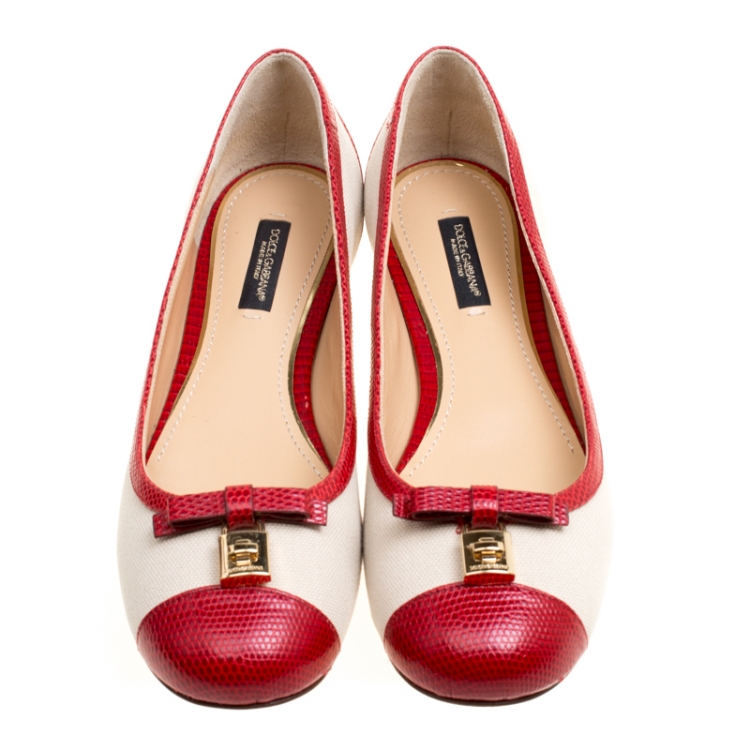 Pre Owned Dolce and Gabbana Beige Canvas And Embossed Lizard Leather Trim Bow Detail Ballet Flats Size 37.5
