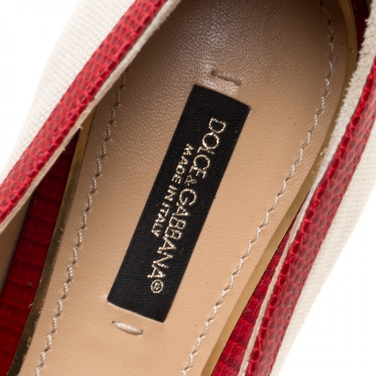 Pre Owned Dolce and Gabbana Beige Canvas And Embossed Lizard Leather Trim Bow Detail Ballet Flats Size 37.5