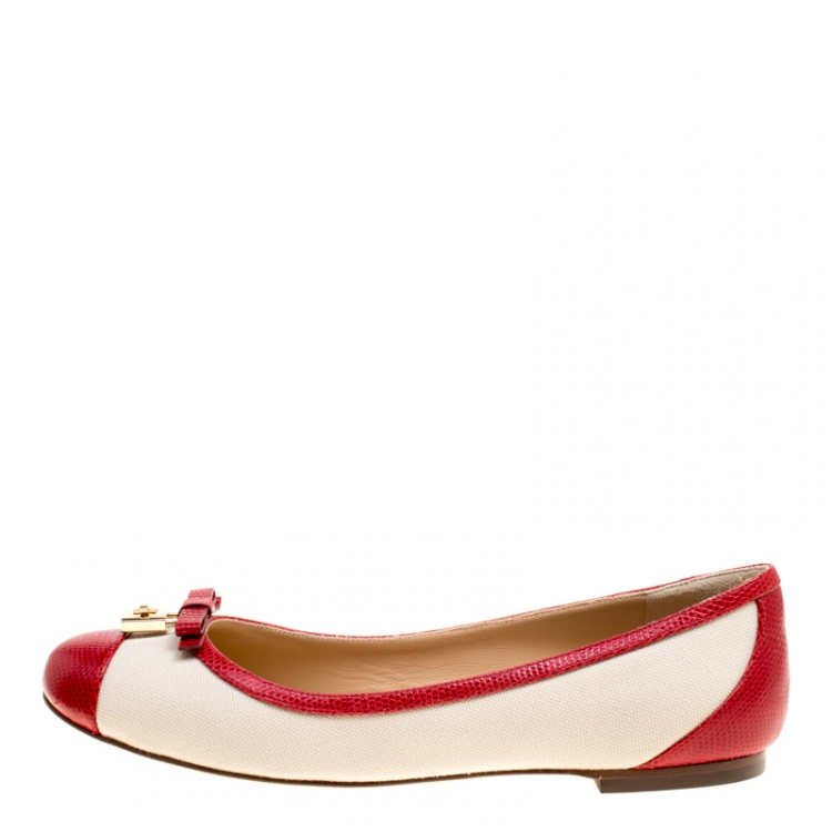 Pre Owned Dolce and Gabbana Beige Canvas And Embossed Lizard Leather Trim Bow Detail Ballet Flats Size 37.5