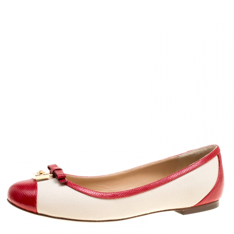 Pre Owned Dolce and Gabbana Beige Canvas And Embossed Lizard Leather Trim Bow Detail Ballet Flats Size 37.5
