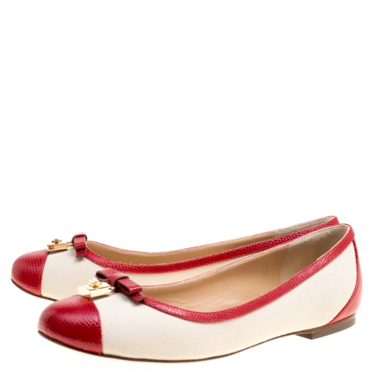 Pre Owned Dolce and Gabbana Beige Canvas And Embossed Lizard Leather Trim Bow Detail Ballet Flats Size 37.5