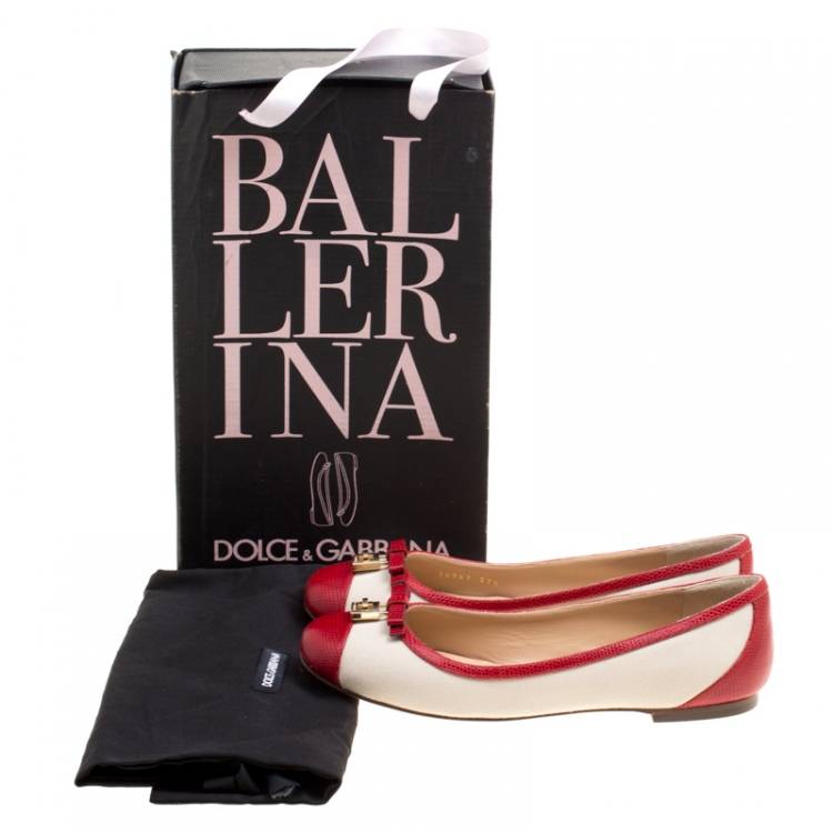 Pre Owned Dolce and Gabbana Beige Canvas And Embossed Lizard Leather Trim Bow Detail Ballet Flats Size 37.5