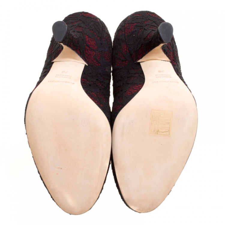Pre Owned Dolce and Gabbana Maroon Satin and Chantilly Lace Pumps Size 38