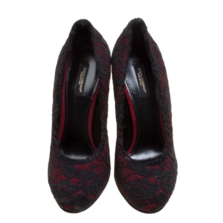 Pre Owned Dolce and Gabbana Maroon Satin and Chantilly Lace Pumps Size 38
