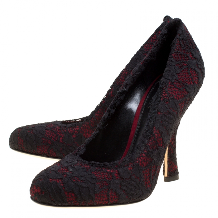 Pre Owned Dolce and Gabbana Maroon Satin and Chantilly Lace Pumps Size 38