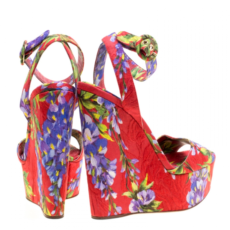 Pre Owned Dolce and Gabbana Multicolor Floral Printed Fabric Platform Wedge Sandals Size 40