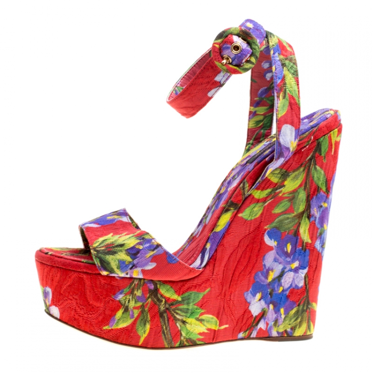 Pre Owned Dolce and Gabbana Multicolor Floral Printed Fabric Platform Wedge Sandals Size 40