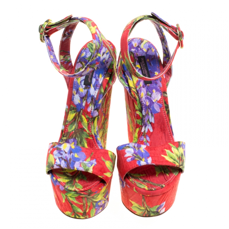Pre Owned Dolce and Gabbana Multicolor Floral Printed Fabric Platform Wedge Sandals Size 40