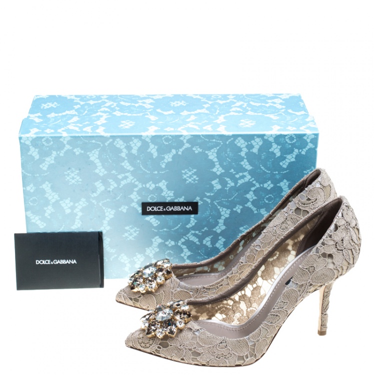 Pre Owned Dolce and Gabbana Light Brown Lace Bellucci Crystal Embellished Pointed Toe Pumps Size 38