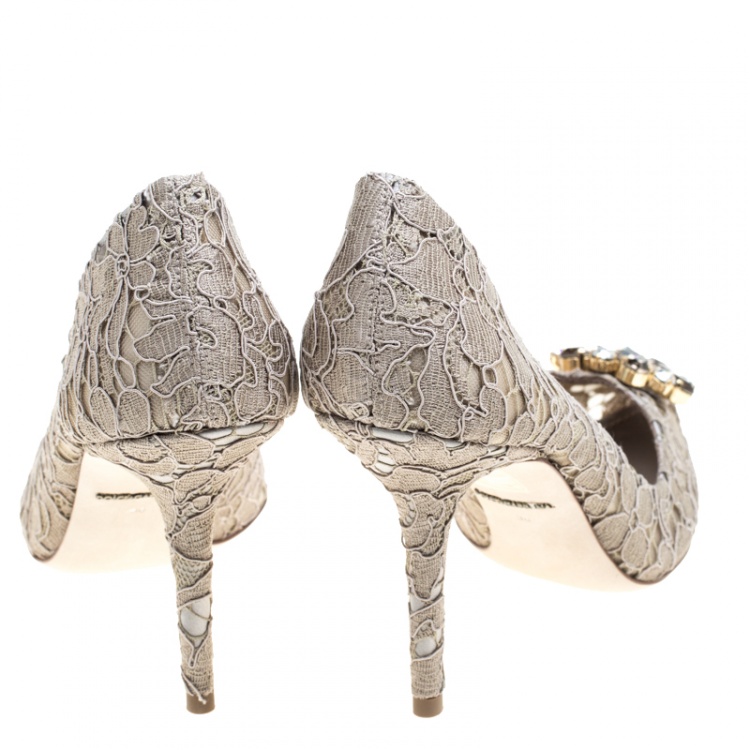 Pre Owned Dolce and Gabbana Light Brown Lace Bellucci Crystal Embellished Pointed Toe Pumps Size 38