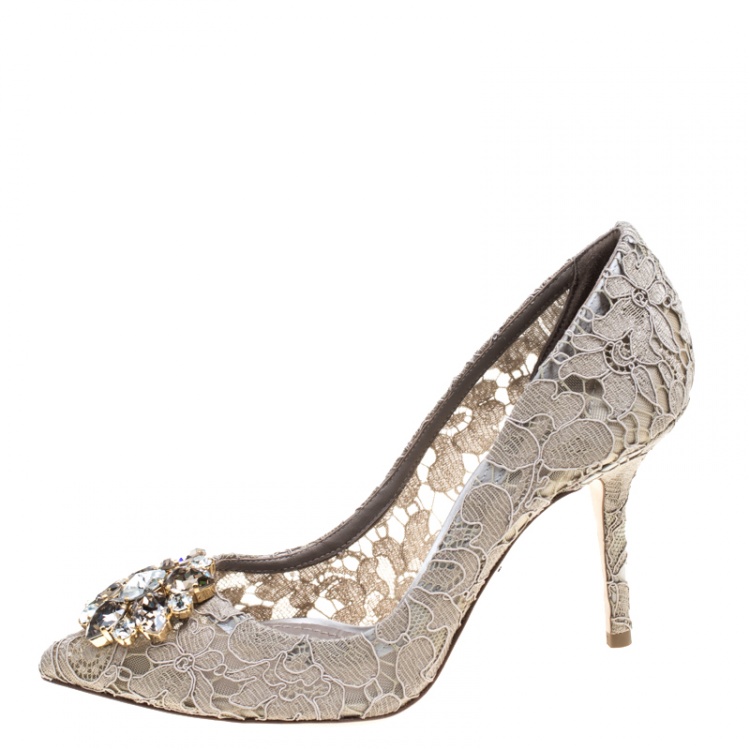 Pre Owned Dolce and Gabbana Light Brown Lace Bellucci Crystal Embellished Pointed Toe Pumps Size 38