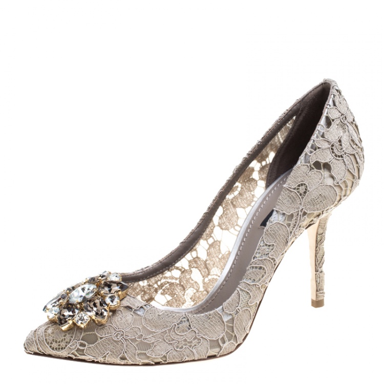 Pre Owned Dolce and Gabbana Light Brown Lace Bellucci Crystal Embellished Pointed Toe Pumps Size 38