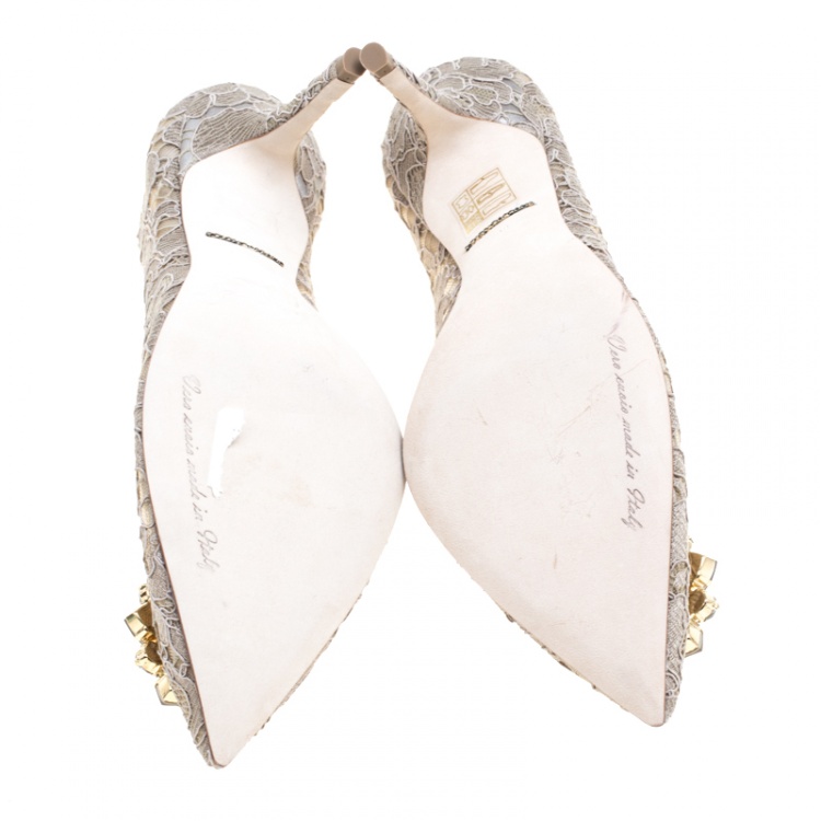 Pre Owned Dolce and Gabbana Light Brown Lace Bellucci Crystal Embellished Pointed Toe Pumps Size 38