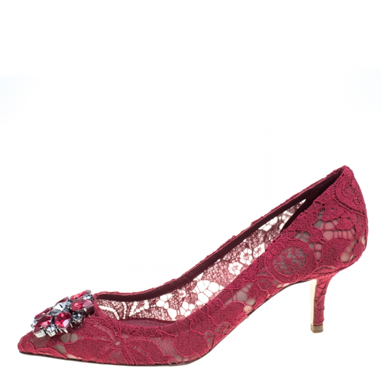 Pre Owned Dolce and Gabbana Maroon Lace Bellucci Crystal Embellished Pointed Toe Pumps Size 38.5