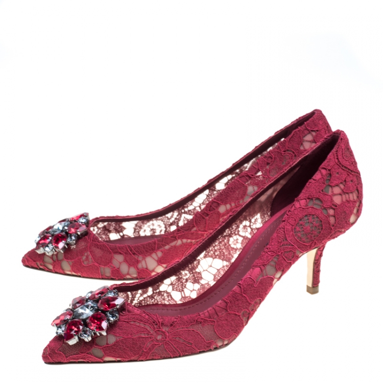 Pre Owned Dolce and Gabbana Maroon Lace Bellucci Crystal Embellished Pointed Toe Pumps Size 38.5