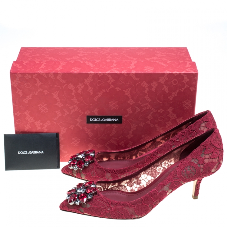 Pre Owned Dolce and Gabbana Maroon Lace Bellucci Crystal Embellished Pointed Toe Pumps Size 38.5