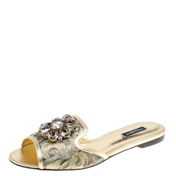 Pre Owned Dolce and Gabbana Gold Brocade Fabric Sofia Crystal Embellished Slides Size 38