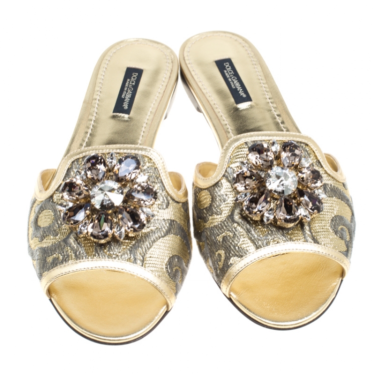 Pre Owned Dolce and Gabbana Gold Brocade Fabric Sofia Crystal Embellished Slides Size 38