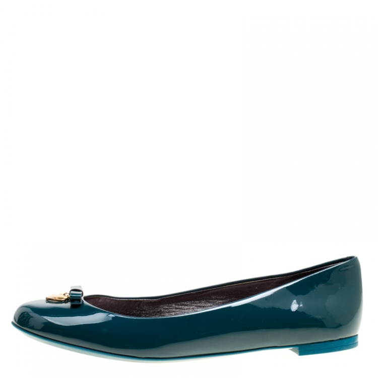 Pre Owned Dolce and Gabbana Green Patent Leather Bow Detail Ballet Flats Size 41