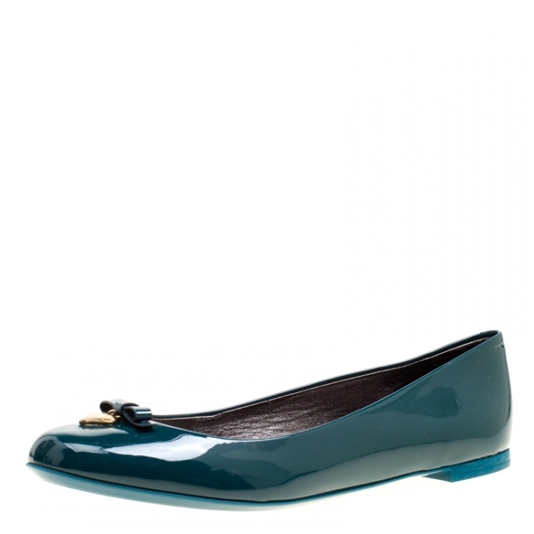 Pre Owned Dolce and Gabbana Green Patent Leather Bow Detail Ballet Flats Size 41