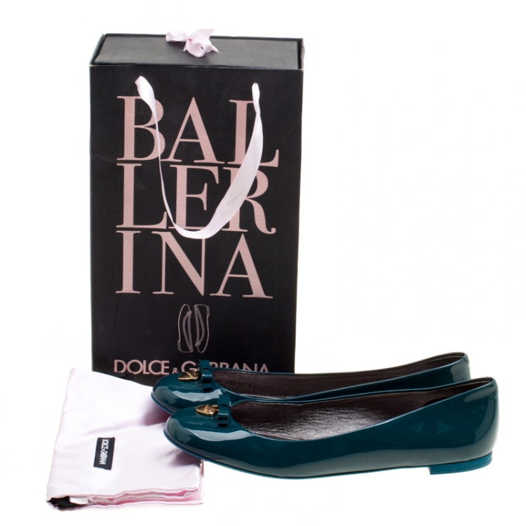 Pre Owned Dolce and Gabbana Green Patent Leather Bow Detail Ballet Flats Size 41