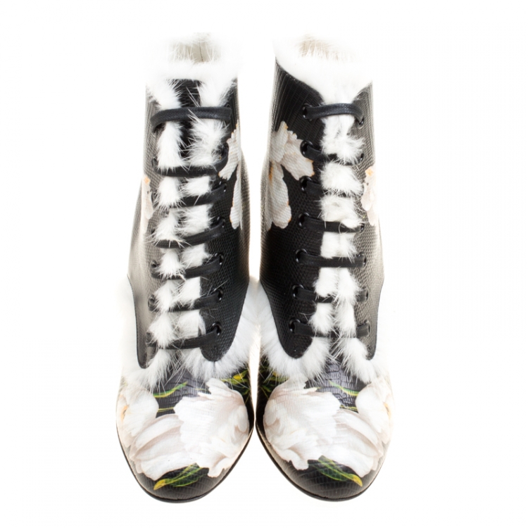 Pre Owned Dolce and Gabbana Black Pebbled Tulip Print Leather Rabbit Fur Trim Ankle Boots Size 37