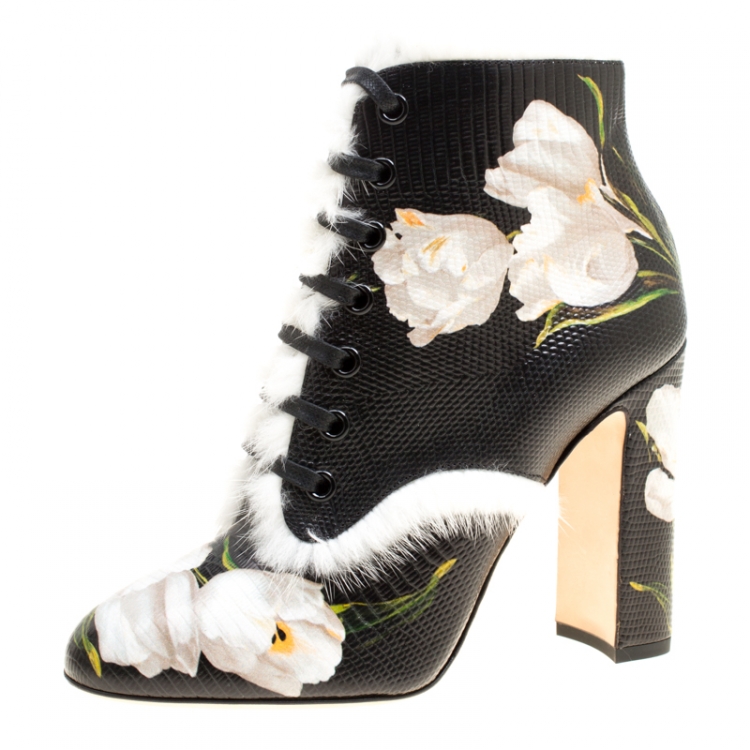 Pre Owned Dolce and Gabbana Black Pebbled Tulip Print Leather Rabbit Fur Trim Ankle Boots Size 37