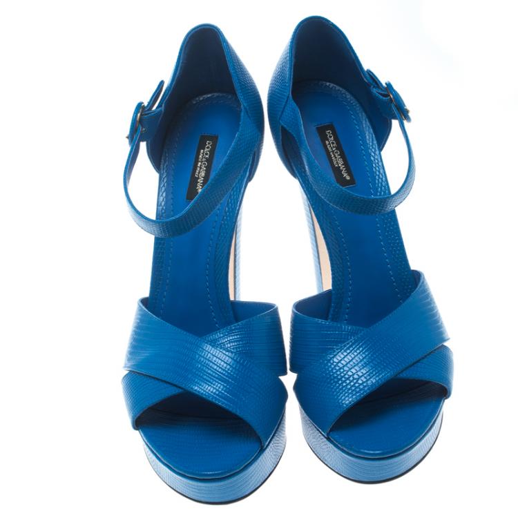 Pre Owned Dolce and Gabbana Blue Embossed Lizard Leather Cross Strap Platform Sandals Size 41