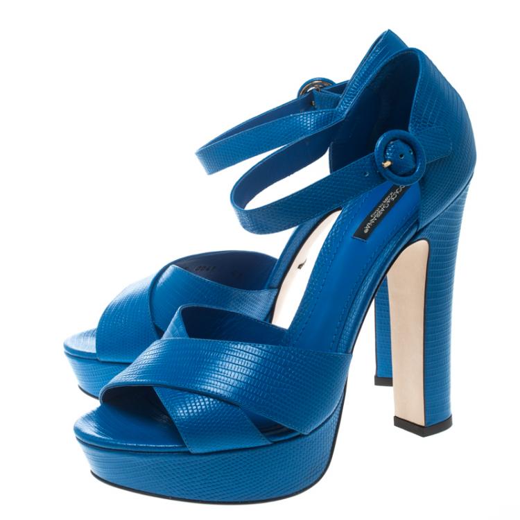 Pre Owned Dolce and Gabbana Blue Embossed Lizard Leather Cross Strap Platform Sandals Size 41