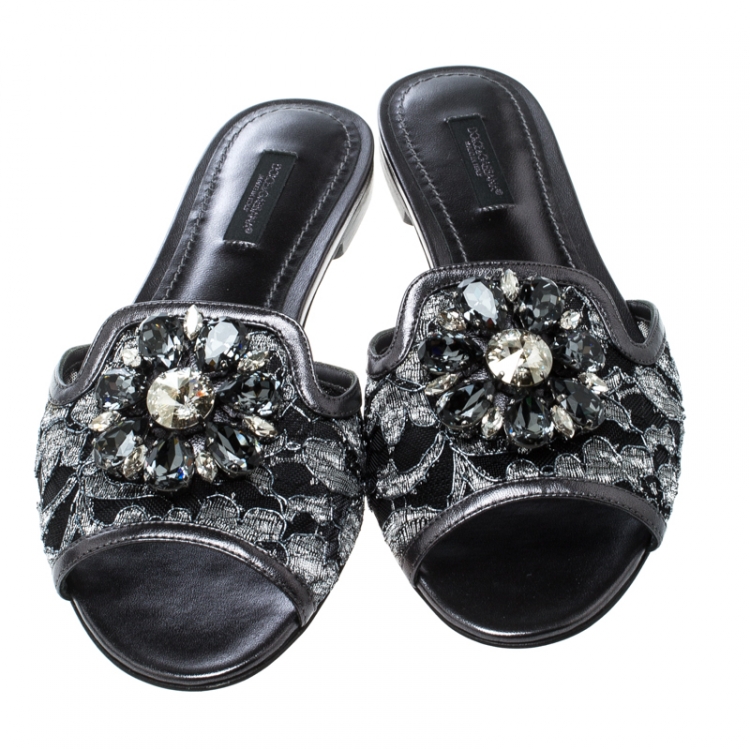 Pre Owned Dolce and Gabbana Grey Lace Sofia Crystal Embellished Slides Size 37