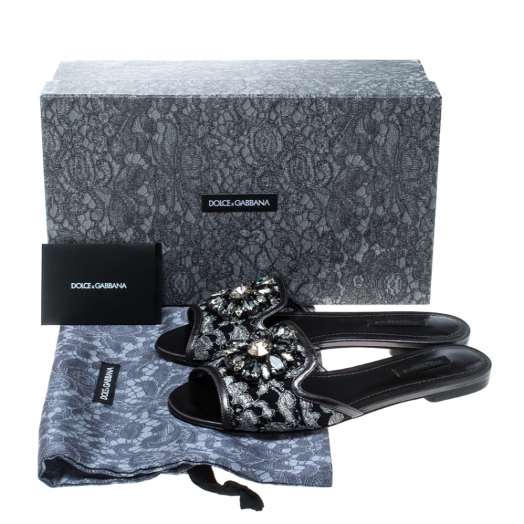 Pre Owned Dolce and Gabbana Grey Lace Sofia Crystal Embellished Slides Size 37